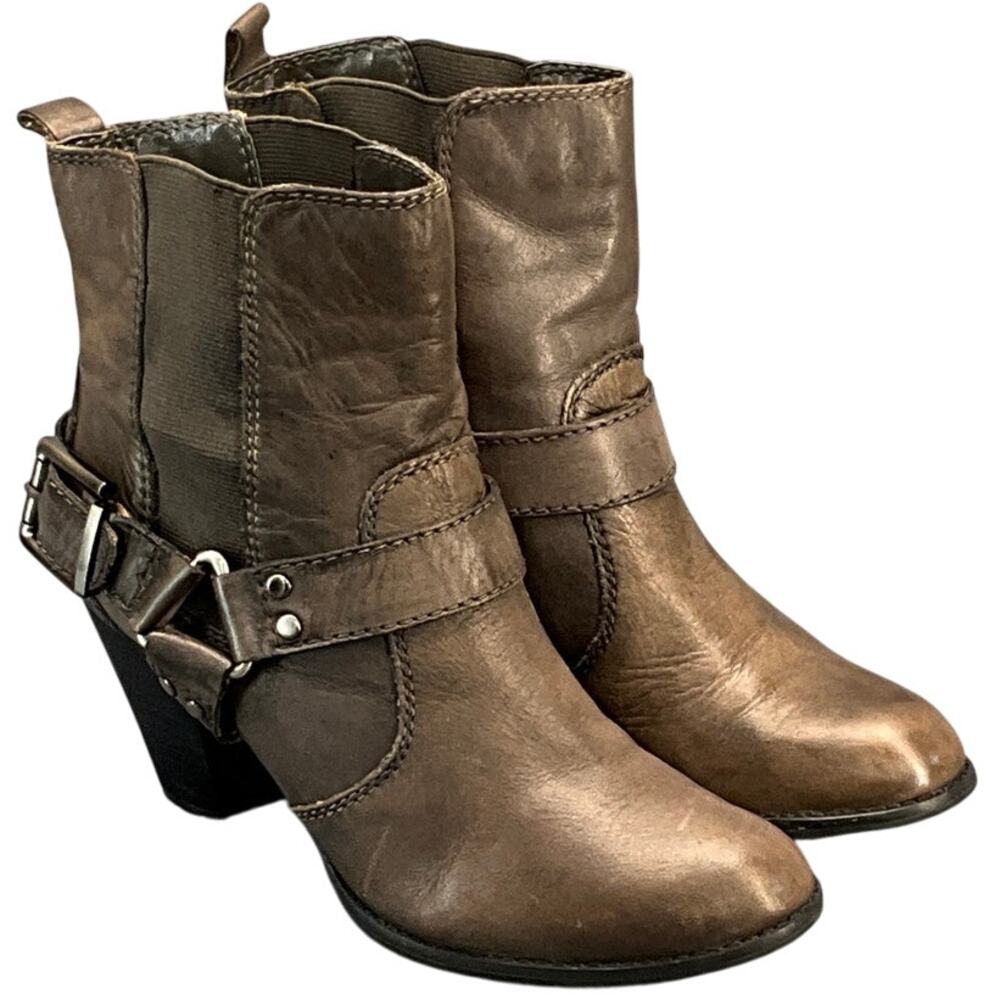 Arturo Chiang Brown Leather Buckle Strap Western Heeled Ankle Boot Women 8M